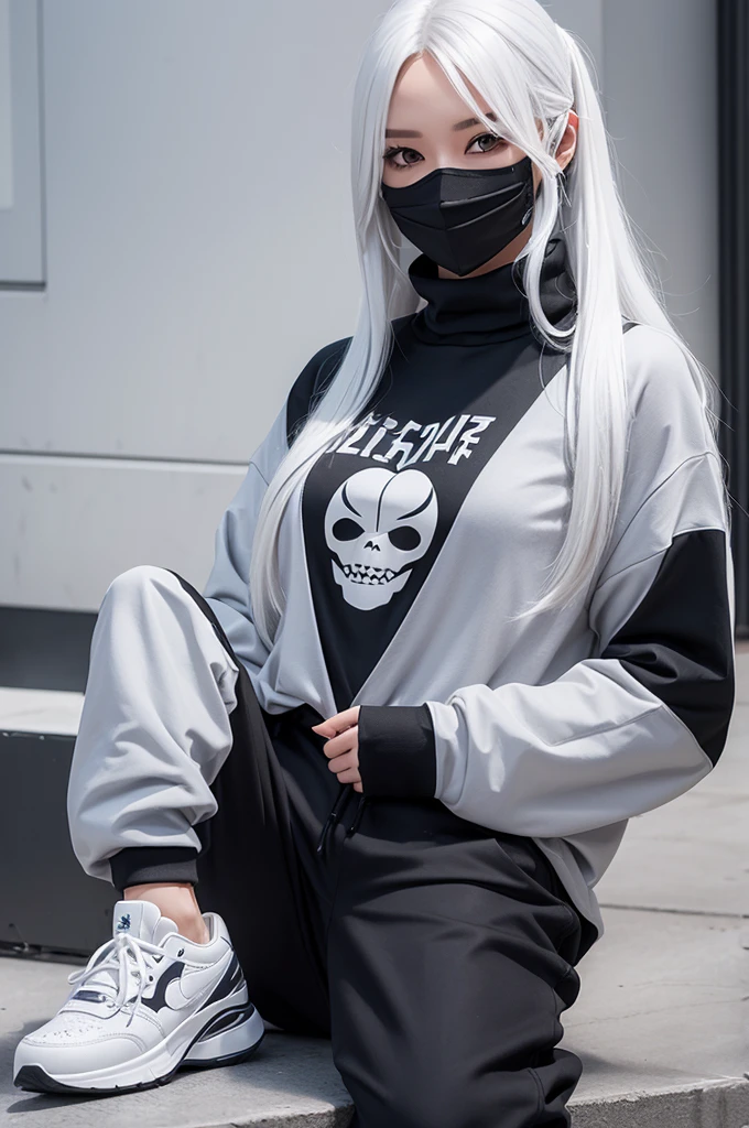 Create a female character with long white hair and a turtleneck shirt, baggy gray pants and white sneakers and a black mask with fang designs printed on it 