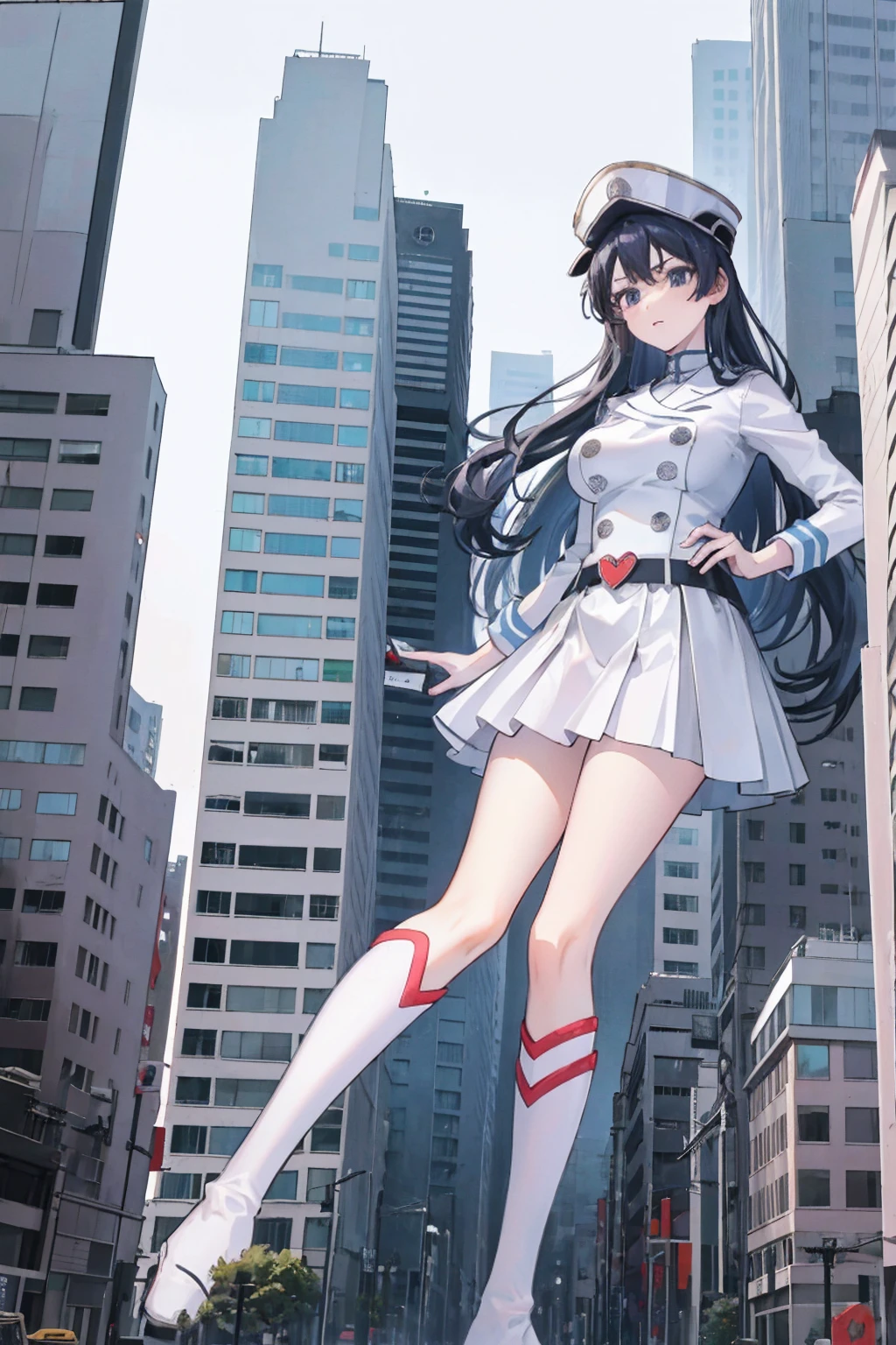 Girl taller than the building,from below, round and large eyes、tallgts,giantess,Full body photo,BuildingSeat, white uniform,Big breasts,pencil skirts,,white boots,cleveage of the breast、a miniskirt、Modern miniature buildings、top-quality、Watercolor style、stomping, hat