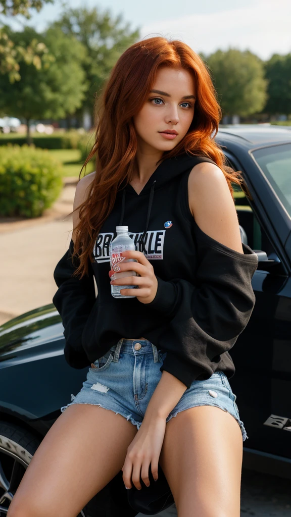 (((Masterpiece))), 25-year-old Caucasian French girl with shoulder-length messy red hair, adorned with , blooming hair akin to a royal . Captured in the best quality, this illustration serves as a 4K wallpaper, Dressed in a hoodie, very short black shorts, she sits in a parking lot, holding a bottle of car chemicals in her hand, it's night, behind her stands a black BMW, she is leaning against a rim. Night