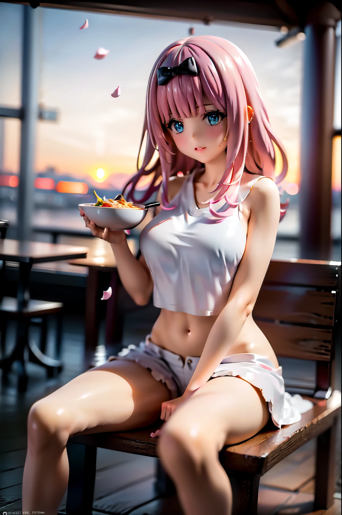 realistic image, detailed image, coherent image, 1 beautiful girl, she has very long hair, she has a black bow in her square bangs, pink hair, light blue eyes, smiling, winking, she is wearing a loose blouse, showing navel, mini jean shorts, sneakers, She has a curvy body, big breasts and thick thighs, She is sitting eating a bowl of ramen, sitting sensually, showing her legs, arching her back, surrounded by falling flower petals around, inside a restaurant, full body view, view from above, sunset, twilight, Soft focus, Dramatic shadows, Volumetric lighting, natural lighting,chika fujiwara