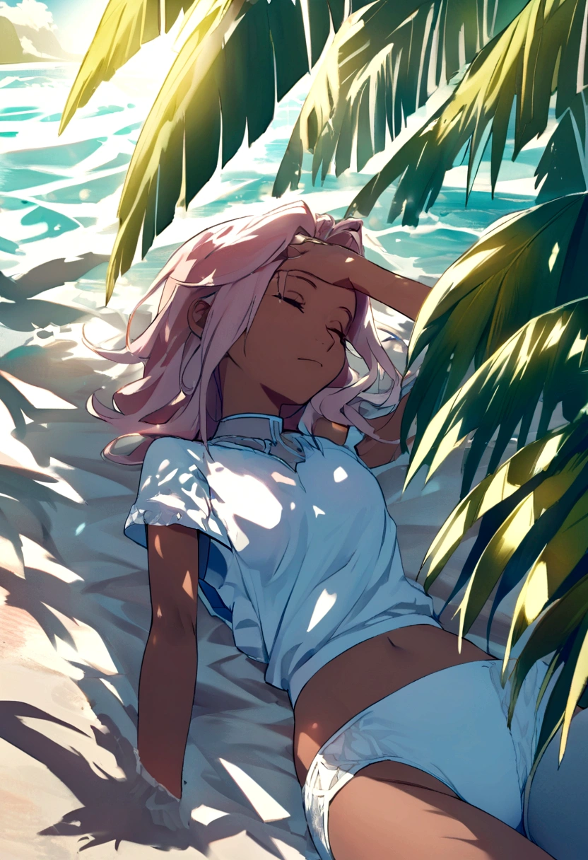 A vibrant, detailed image of Sakura Haruno from the anime Naruto, relaxing on the beach in a white bikini. She is lying down, with her eyes closed, enjoying the hot sun to get a tan. Her body is on display, showing her athletic and feminine shape. The surrounding scenery is a paradisiacal beach, with fine white sand, turquoise sea and some palm trees in the background. The sun shines brightly in the clear sky, creating an interesting contrast with Sakura's tanned skin. The image should convey a feeling of tranquility and natural beauty.