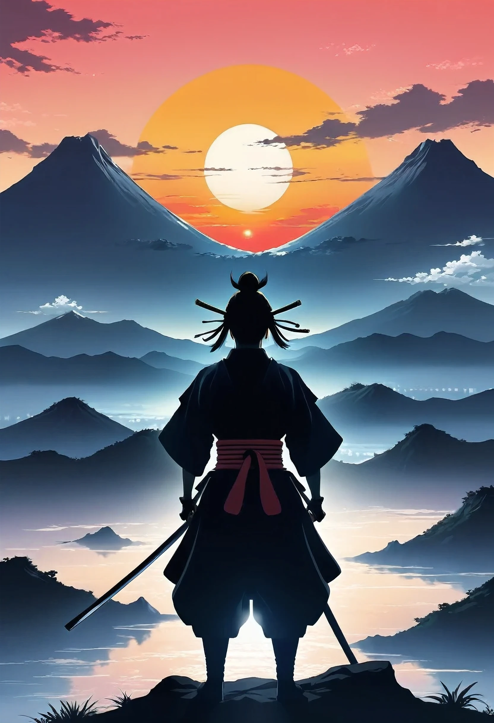 Back View, Samurai silhouette, big sunset,
