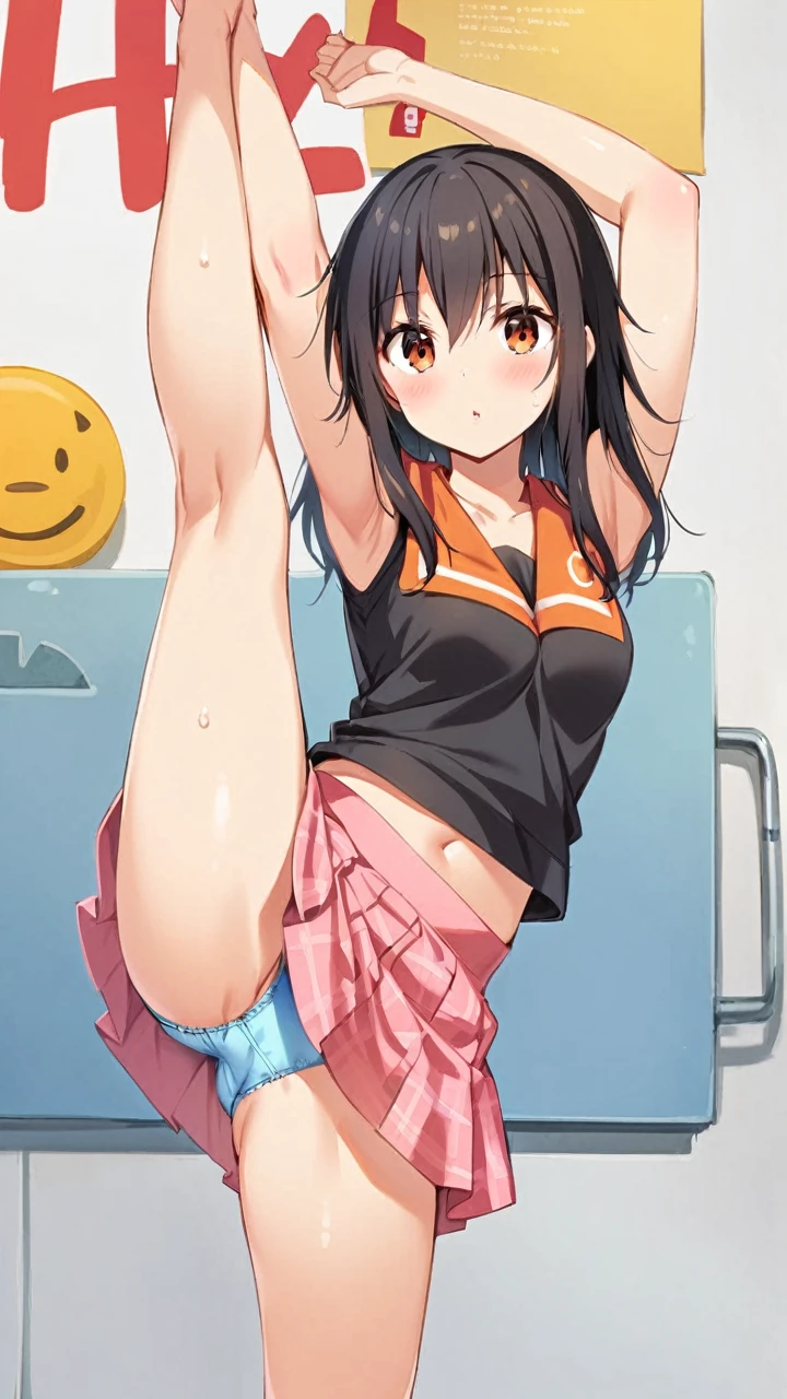 One Girl, Standing splits, Yuki Mikan, Long black hair，black sleeveless, Short Vest，Pink Skirt，Blue underwear