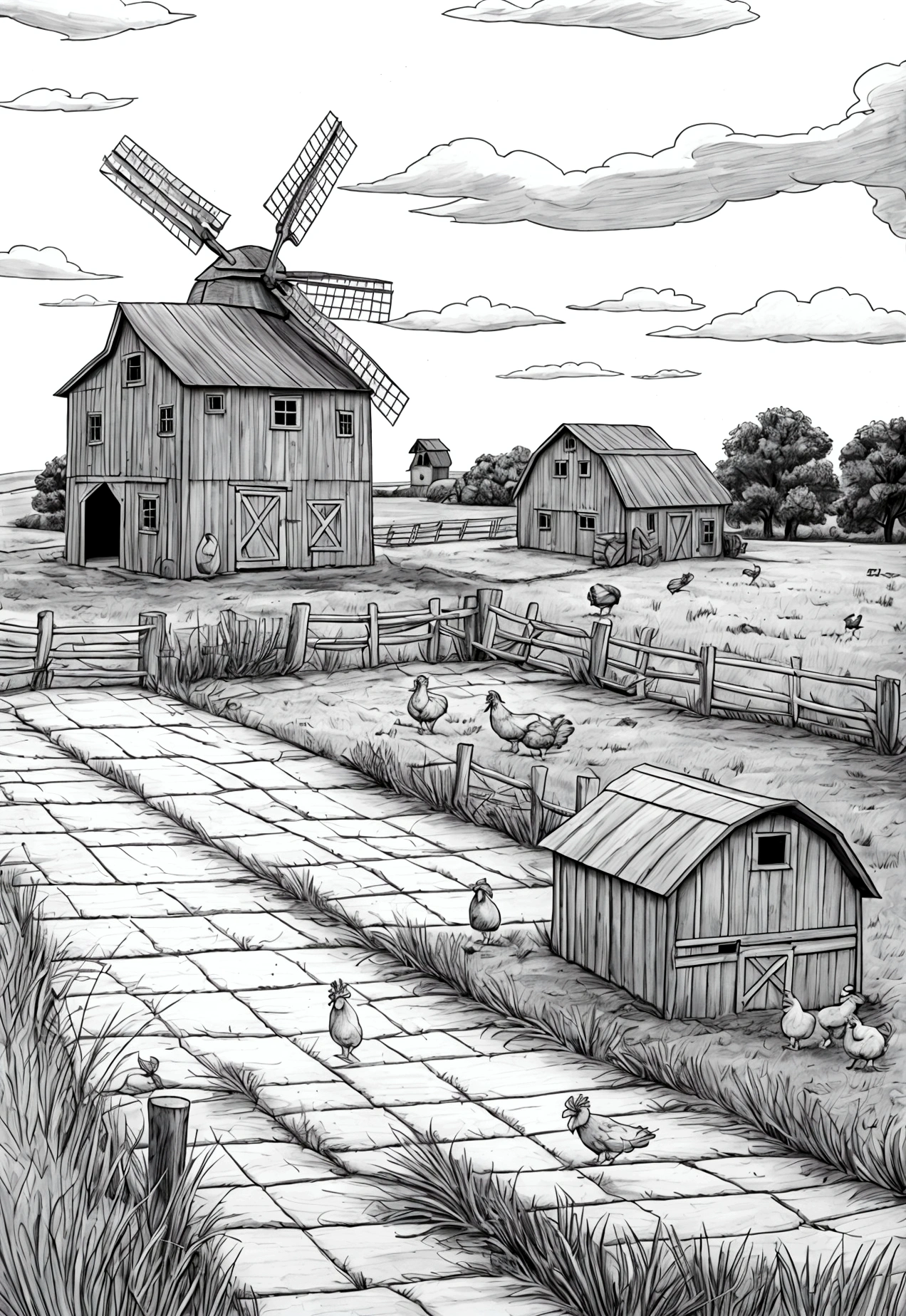 light grey and white, line art, cartoon character, 3d style, high-quality, coloring book, hand-draw, Rustic Barn: A classic barn with hay bales inside, a windmill in the background turning in the breeze, chickens pecking on the ground, and a rooster crowing on a fence post.