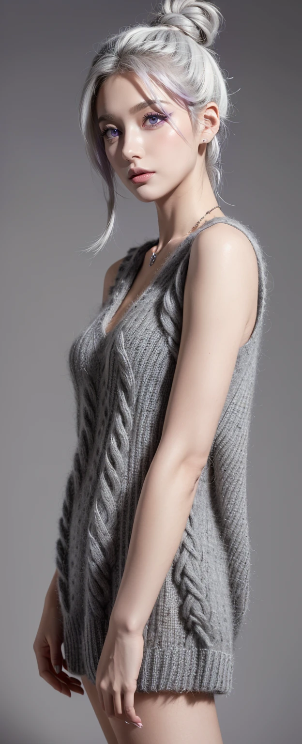 ((best quality)), ((masterpiece)), ((best quality)), ((masterpiece)), ((detailed)), Ridiculous resolution, high resolution, (masterpiece:1.4), Hyper-detailing, a young european woman. Necklace. ((Sleeveless wool v-neck dark grey sweater)). Blank background. Standing. ((White hair)). She has bangs in her hair. Standing. ((Dark grey eyes)). Freckles. Red lipstick