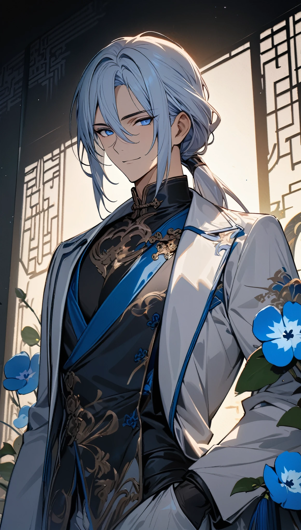 (masterpiece:1.5),best quality,(1 Handsome man),alone,white medium length hair,Low ponytail,(blue eyes), (A soft smile),elegant,perfect face,Fantasy Chinese style,Long black trench coat,white and blue cloth,Complex clothing design with Chinese elements,Black leather gloves,white lining,White suit pants,Slightly muscular body,High,8K,Beautiful contrast of light and shadow,Dark luxury background,(complete upper body),Positive face,((Nemophila)),luxury screen,blue flowers