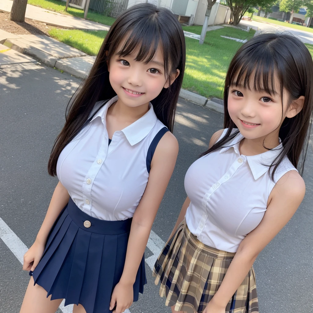 (high quality)、(high resolution)、Two 、Looking at me with a smile、whole body、Big Breasts、Sleeveless shirt with buttons and collar、mini skirt、Angle from below、Mouth open and out of breath