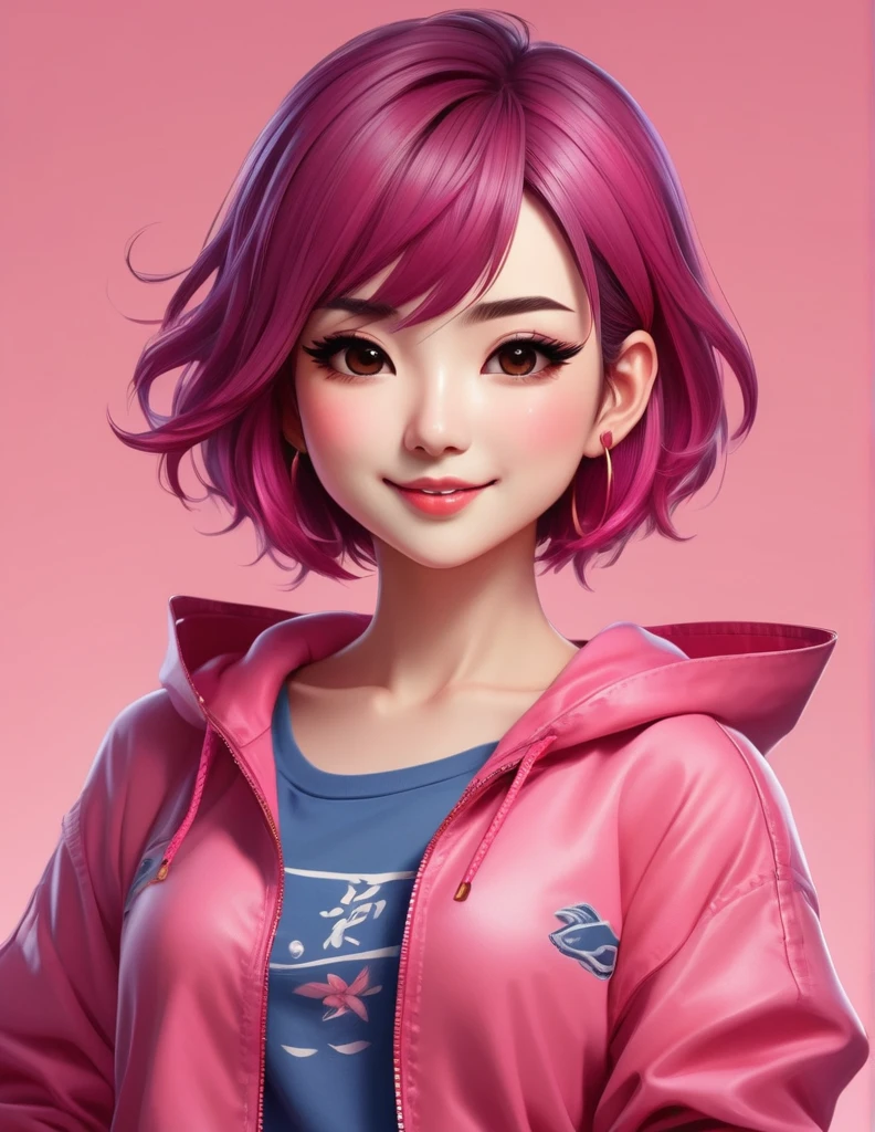 quality(8k wallpaper of extremely detailed CG unit, masterpiece, hight resolution, top-quality, top-quality real texture skin,hyper realisitic, digitial painting,increase the resolution,RAW photos,best qualtiy,highly detailed,the wallpaper),BREAK,8K, Chibi , onmyoji-style art, half face, Illustration, drawing of a happy woman, with dark pink short hair, wearing a hard pink top and jeans. Solid hard pink background. Work of art. Pink tones. Image with side margins. #3D, #illustration, #cinematic,