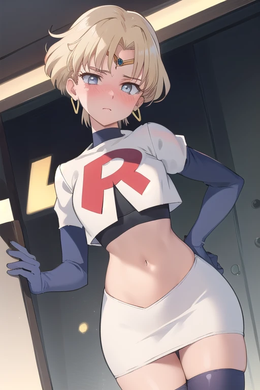 (best quality:1.1), (masterpiece:1.4), (absurdres:1.0),
1girl, sailor uranus, KizukiAi, mature woman, small breasts, aqua eyes, blonde hair, (blush:1.2), earrings,looking at viewer, team rocket,team rocket uniform,white skirt,red letter R,crop top,black thigh-highs,black elbow gloves