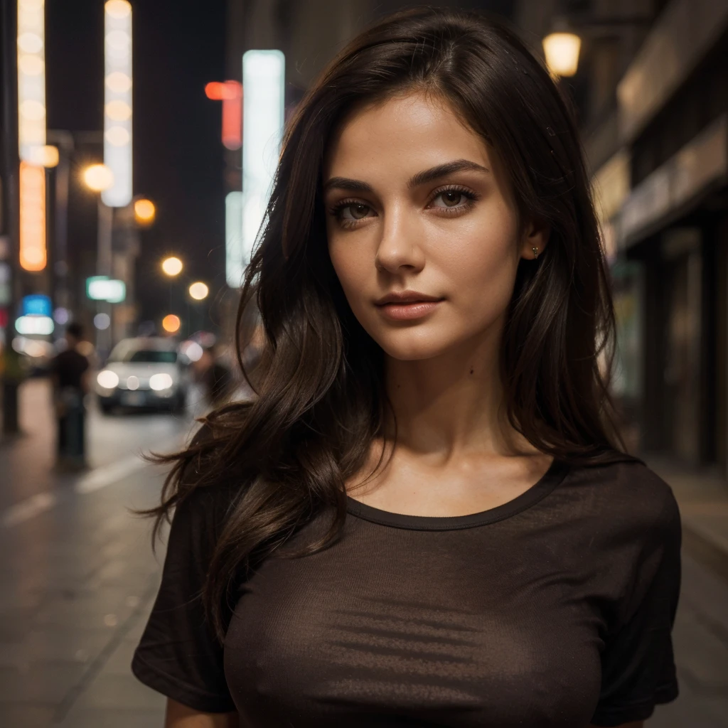 (Best quality, a high resolution, masterpiece :1.3), beautiful women, A slim body, dark brown hair, t-shirt, (Street in the city at night), highly detailed face and skin texture, Detailed eyes, big bust