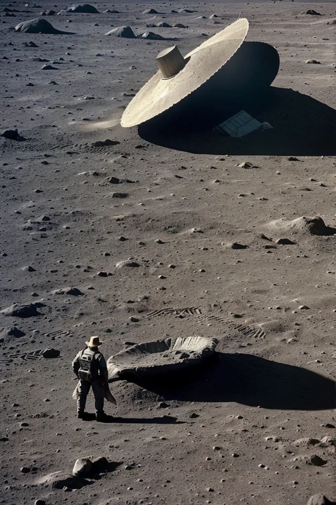 Paisaje lunar, with craters, formaciones rocosas, crashed and alien constructions and a character interacting with aliens He wears a suit with a cape and a hat with feathers