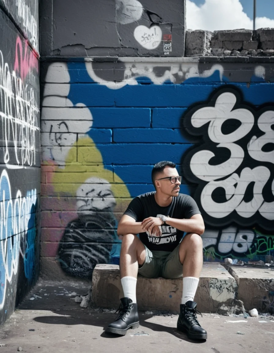 gutto2024abr, A professional RAW photograph of a man with glasses and short, military-cut black hair. He is wearing a t-shirt, cargo shorts, high-top adventure boots, and white socks. The man is sitting on the ground, leaning against a graffiti-covered wall in ruins. The man is in black and white, while the wall is in color. He appears very sad and despondent. The lighting is dark and heavy, capturing intricate details of his skin. Ultra-realistic with ultra-detail, emphasizing the somber mood and the stark contrast between the man and his colorful, dilapidated surroundings.