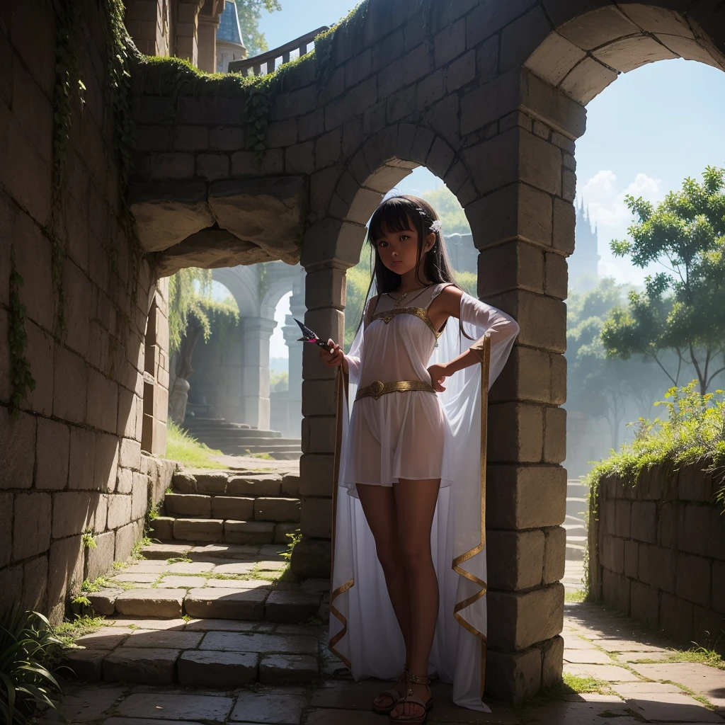 最high quality、high quality、Frugal cloth clothes、１０Year-old girl adventurer、Climb the labyrinth stairs、Shorts、Equipped with a dagger and a shield、Inside the dim labyrinth、The whole body is covered with a translucent material.