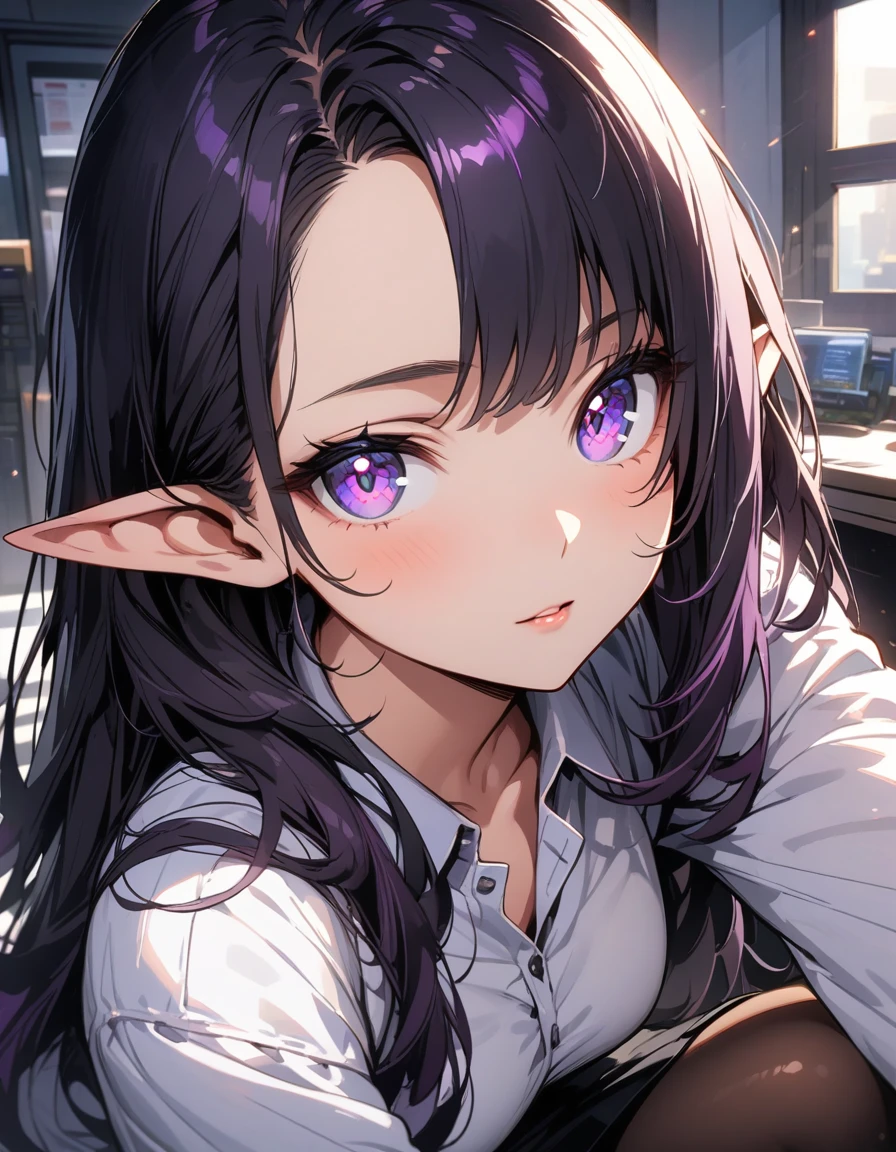 ((highest quality, masterpiece, ultra high definition, high resolution)), ((ultra-detailed illustrations:1.2)), 1 girl, solo, anime style, beautiful hair, parted bangs, loose hair, long hair, black hair, dark purple hair, multi colored hair, beautiful detailed eyes, beautiful detailed pupils, violet eyes, looking at viewer, pointed ears, mid-chest, white shirt, collared shirt, long sleeves, black mini skirt, pantyhose, shiny skin, shiny, indoor, office
