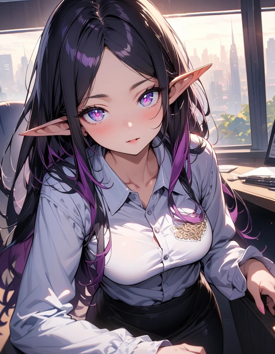 ((highest quality, masterpiece, ultra high definition, high resolution)), ((ultra-detailed illustrations:1.2)), 1 girl, solo, anime style, beautiful hair, parted bangs, loose hair, long hair, black hair, dark purple hair, multi colored hair, beautiful detailed eyes, beautiful detailed pupils, violet eyes, looking at viewer, pointed ears, mid-chest, white shirt, collared shirt, opened collar, long sleeves, black mini skirt, pantyhose, shiny skin, shiny, indoor, office