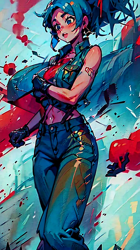 A tall woman, sexy, big breast, beautiful, happy, short bright blue hair, orange eyes, wearing a white sleeveless button-down shirt, showing her navel, and dark blue pants underneath, wearing a red kitten heel.