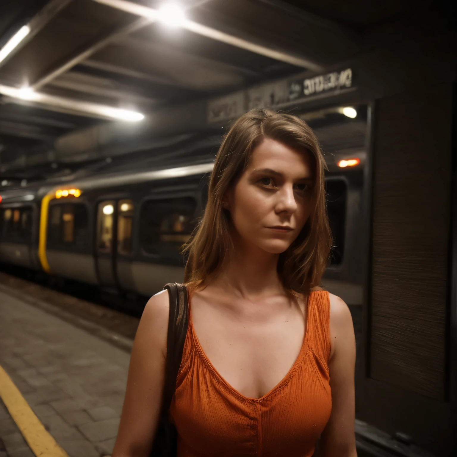 epiC35mm, medium shot of a woman LaGermania traveller ready for the journey waiting on the train station, detailed sharp, flash photo