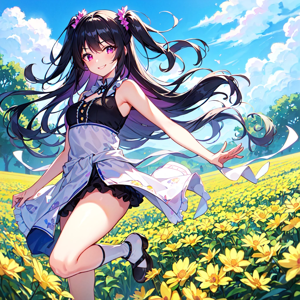 MASTERPIECE, best quality, high quality, extremely detailed, very delicate and beautiful, (1 female 18 years old, solo: 1.2), (long black hair, two side up to waist: 1.4), fringes to eyebrows, eyes Sharp eyes, strong glossy glossy eyes, glossy eyebrows, (eye colour magenta:1.3), 6.5 head height, (southern star flower print summer fashion:1.3), knee socks, frills, lace, (smiling), (running), (dynamic pose), (background southern star flower field :1.5) (blue sky)