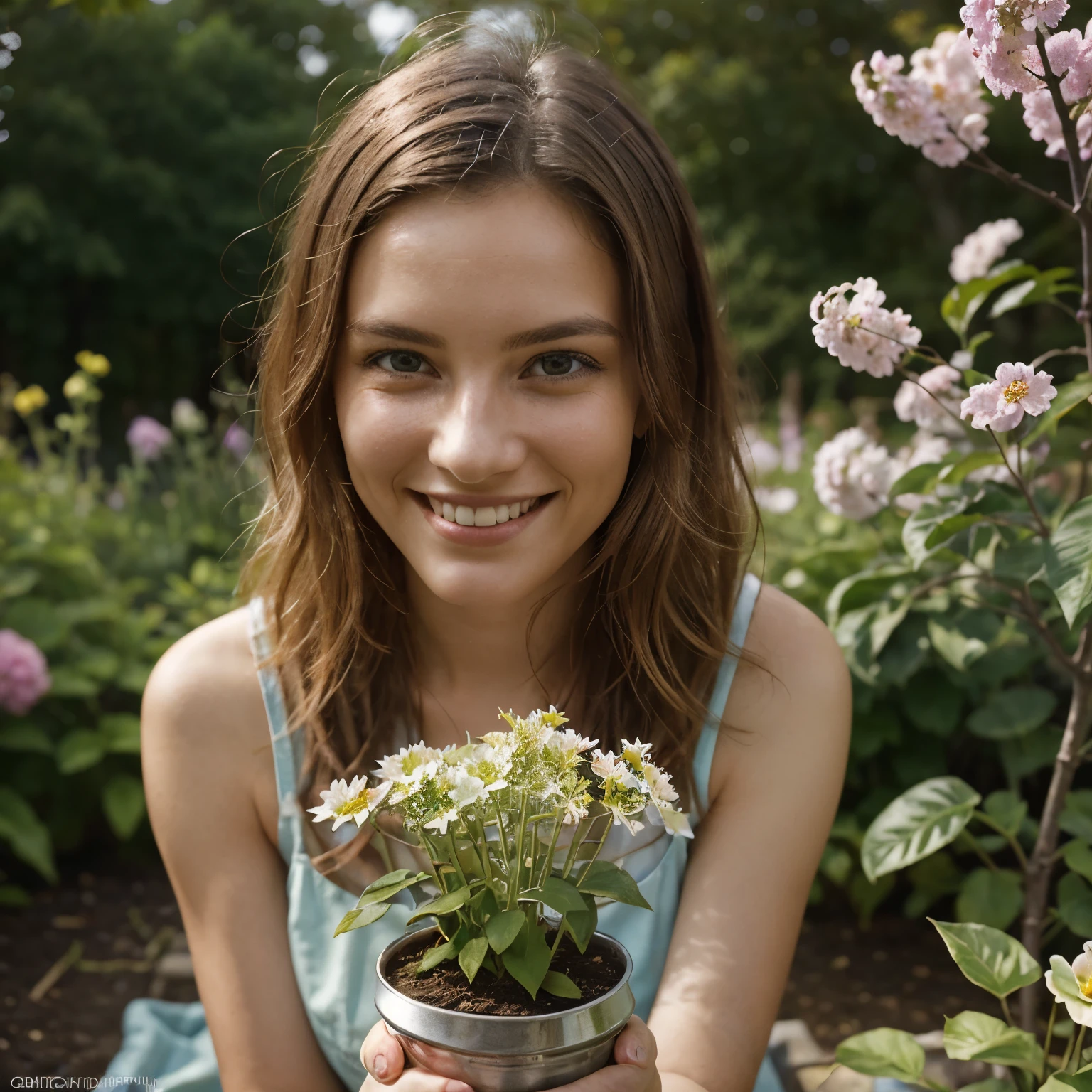 A happy 31-year-old blonde gardening enthusiast woman engrossed in her garden, planting with a smile that radiates pure joy and passion for her green sanctuary, the garden alive with the vibrant colors of blossoming flowers and buzzing bees, a scene filled with life and energy, conveying a sense of fulfillment and connection to nature, Photography, capturing the moment with a macro lens to highlight intricate details,