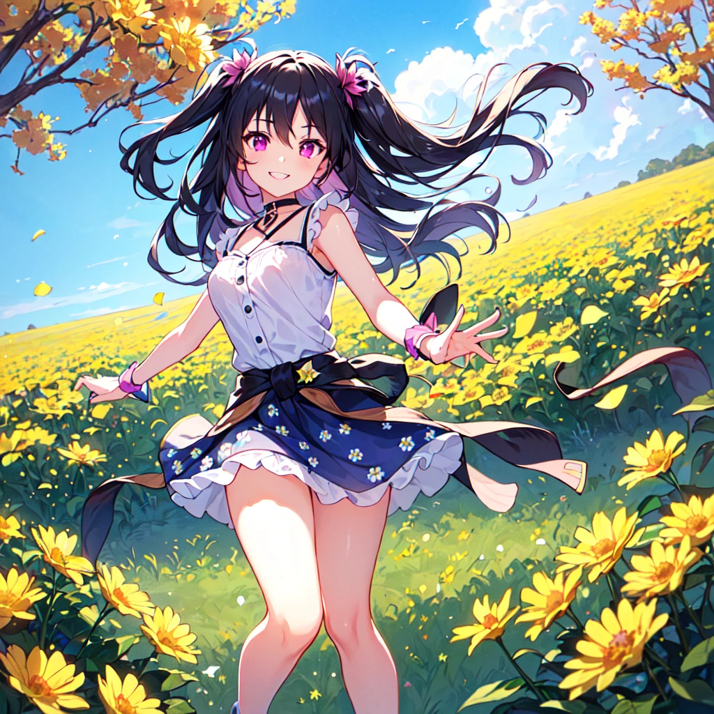 MASTERPIECE, best quality, high quality, extremely detailed, very delicate and beautiful, (1 female 18 years old, solo: 1.2), (long black hair, two side up to waist: 1.4), fringes to eyebrows, eyes Sharp eyes, strong glossy glossy eyes, glossy eyebrows, (eye colour magenta:1.3), 6.5 head height, (southern star flower print summer fashion:1.3), knee socks, frills, lace, (smiling), (running), (dynamic pose), (background southern star flower field :1.5) (blue sky)