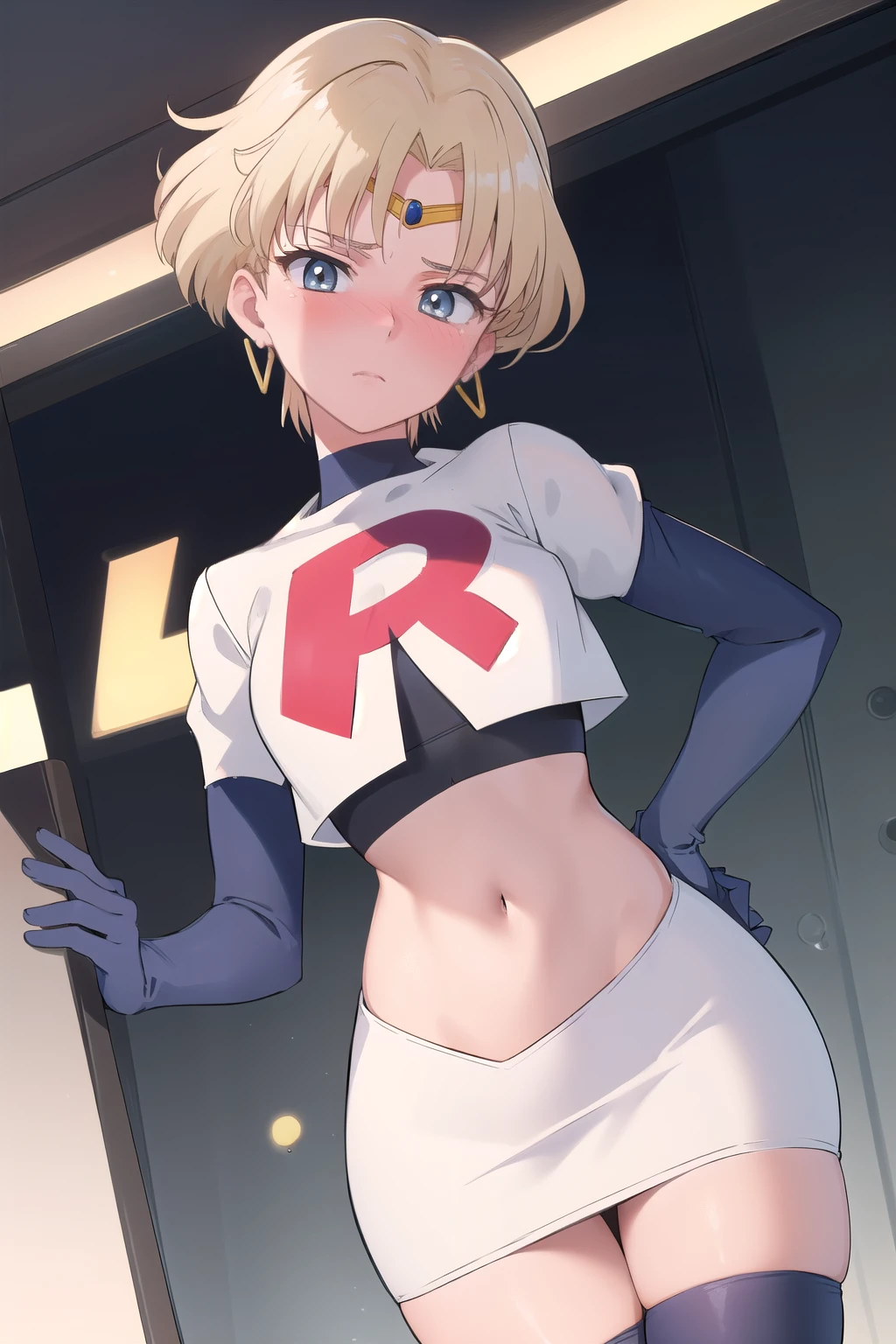 (best quality:1.1), (masterpiece:1.4), (absurdres:1.0),
1girl, sailor uranus, KizukiAi, mature woman, small breasts, aqua eyes, blonde hair, (blush:1.2), earrings,looking at viewer, team rocket,team rocket uniform,white skirt,red letter R,crop top,black thigh-highs,black elbow gloves