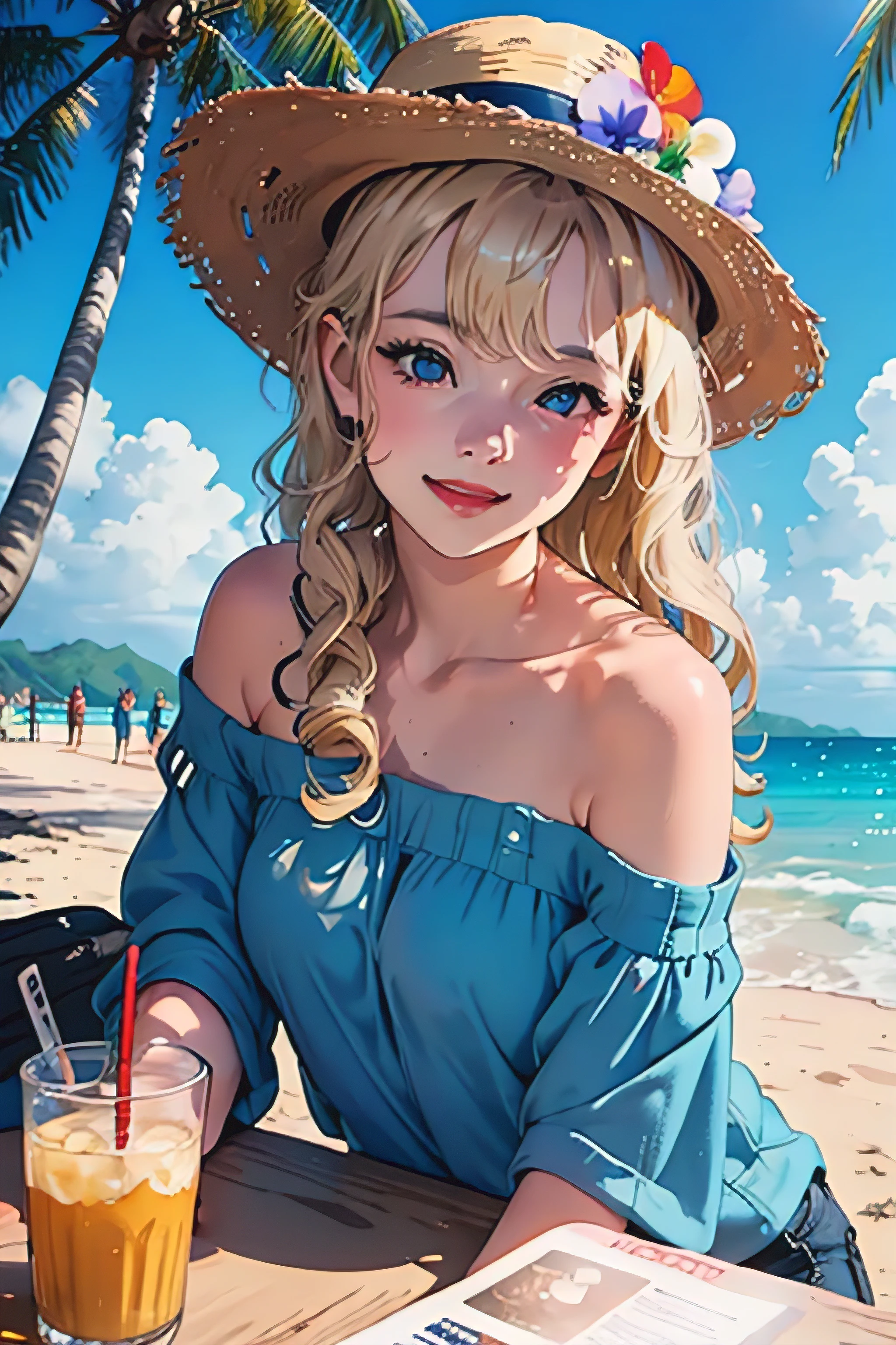 rococo style, (movie poster:1.2), soft lighting, (dramatic angle:1.25), (solo:1.4), (1girl), ((blonde hair), long curly hair), blue eyes, (smile), beach straw hat, (off-shoulder shirt), hat flower, (looking to the side:1.3), fantastic colorful, sea, coconut tree, blue sky with clouds, (beach:1.3), (masterpiece:1.2), ultra-detailed, (best quality), illustration, (Depth of field)