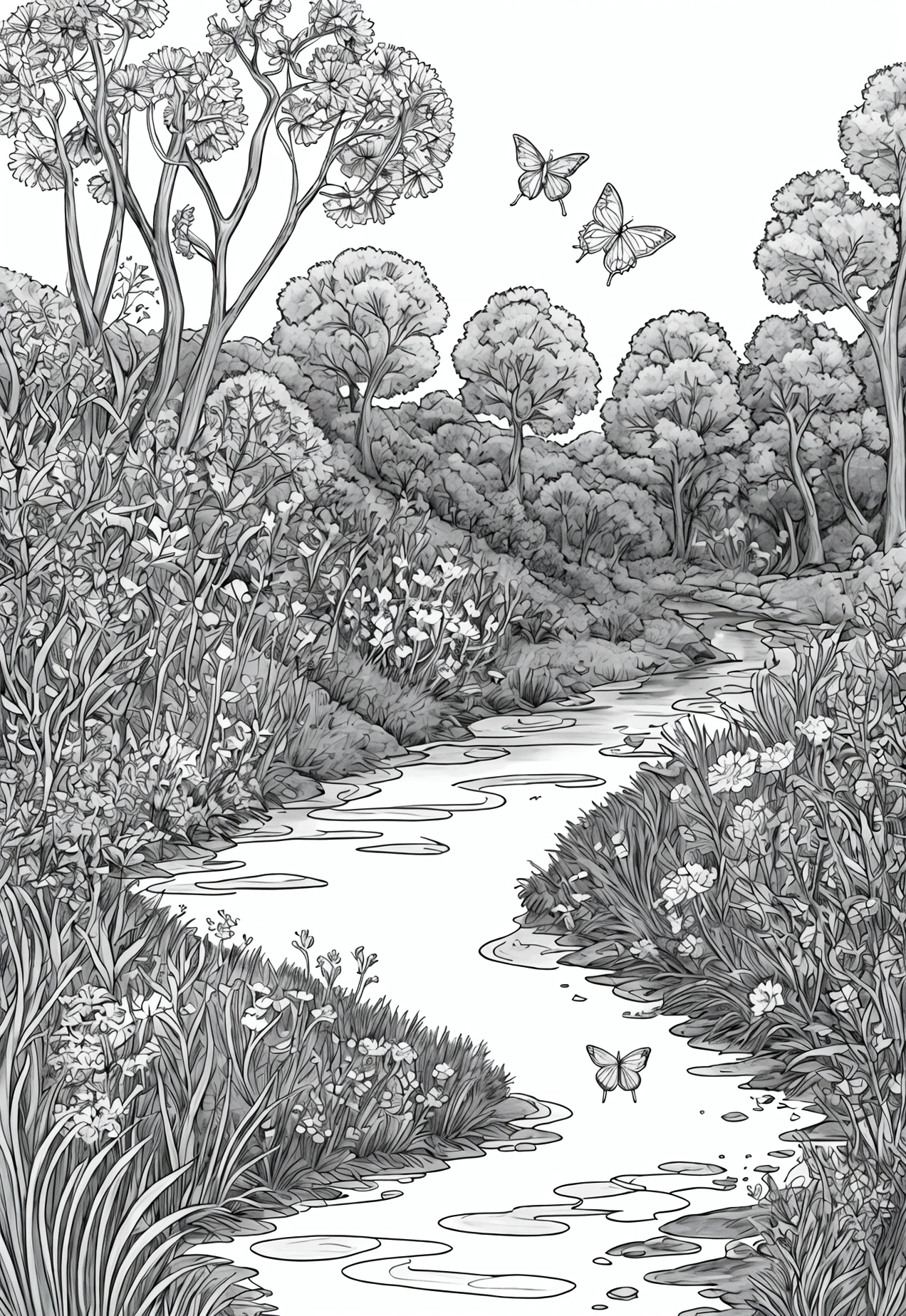 light grey and white, line art, cartoon character, 3d style, high-quality, coloring book, hand-draw, Lush Meadow: A wide-open meadow filled with wildflowers of various shapes and sizes, butterflies fluttering around, a gentle stream running through it, and a deer drinking water from the stream.