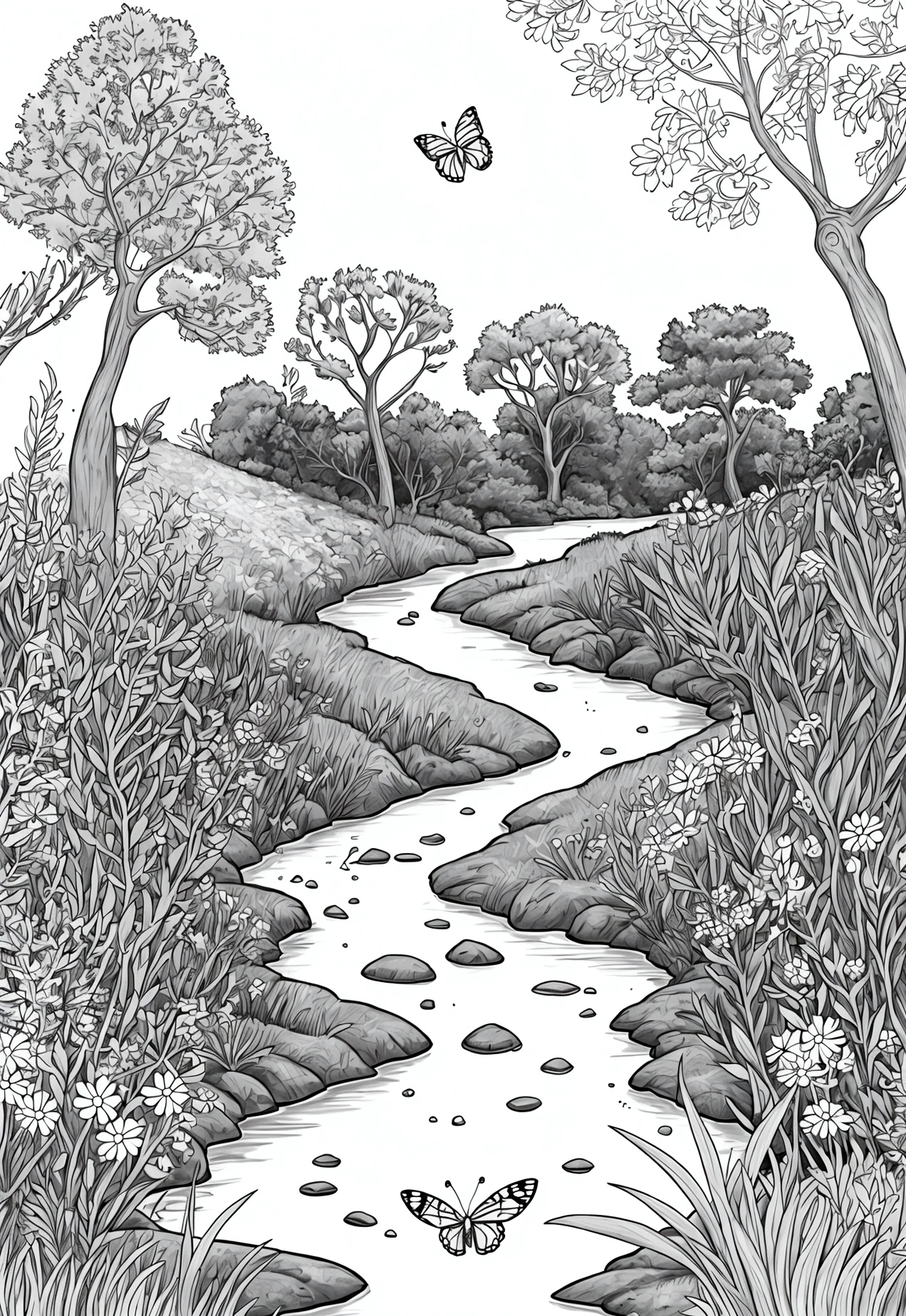 light grey and white, line art, cartoon character, 3d style, high-quality, coloring book, hand-draw, Lush Meadow: A wide-open meadow filled with wildflowers of various shapes and sizes, butterflies fluttering around, a gentle stream running through it, and a deer drinking water from the stream.