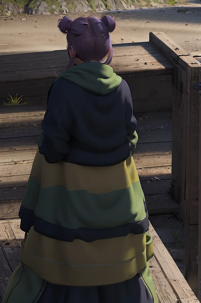 1girl, purple hair, green coat, black jeans, mountain in background, wearing glasses, beautiful masterpiece, perfection, side-view pov