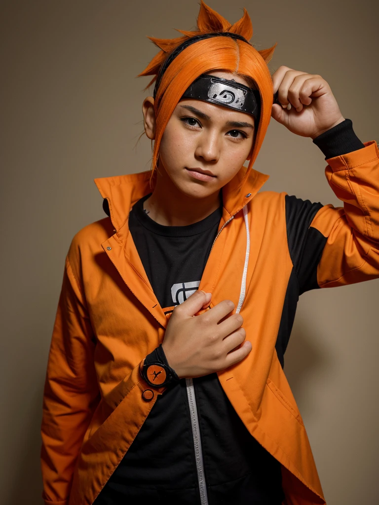 Naruto adolescente con el karma outsutsuki de color naranja en la mano derecha con el karma llendo de la mano hasta la mitad de la cara, y 3 cuernos, 2 cuernos en la cabeza y 1 cuerno en la mano derecha
