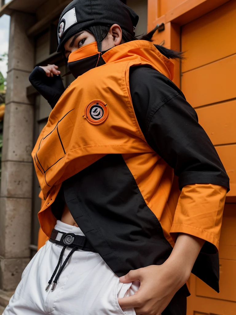 Naruto adolescente con el karma outsutsuki de color naranja en la mano derecha con el karma llendo de la mano hasta la mitad de la cara, y 3 cuernos, 2 cuernos en la cabeza y 1 cuerno en la mano derecha 