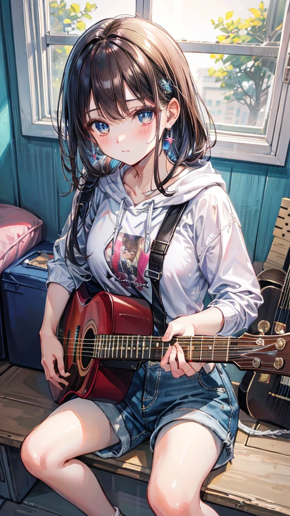 (Best quality, 8k, 32k, Masterpiece, UHD,:1.2),RAW, 2girls,ultra cute , natural lighting,transparent shining eyes, 20yo,medium breast ,fair complexion ,flushed face,dynamic Lighting,Brown oversized Hoodie, short denim pants, sitting on the floor, at own room, have a guitar, Playing the guitar, Evening, nostalgic