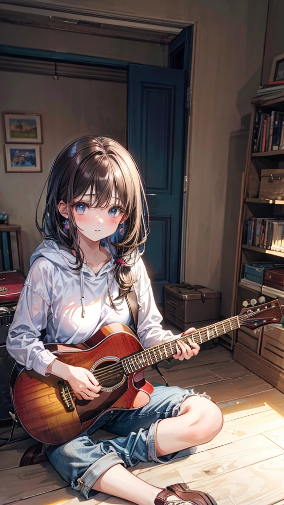(Best quality, 8k, 32k, Masterpiece, UHD,:1.2),RAW, 2girls,ultra cute , natural lighting,transparent shining eyes, 20yo,medium breast ,fair complexion ,flushed face,dynamic Lighting,Brown oversized Hoodie, short denim pants, sitting on the floor, at own room, have a guitar, Playing the guitar, Evening, nostalgic