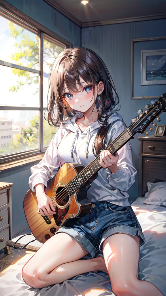 (Best quality, 8k, 32k, Masterpiece, UHD,:1.2),RAW, 2girls,ultra cute , natural lighting,transparent shining eyes, 20yo,medium breast ,fair complexion ,flushed face,dynamic Lighting,Brown oversized Hoodie, short denim pants, sitting on the floor, at own room, have a guitar, Playing the guitar, Evening, nostalgic