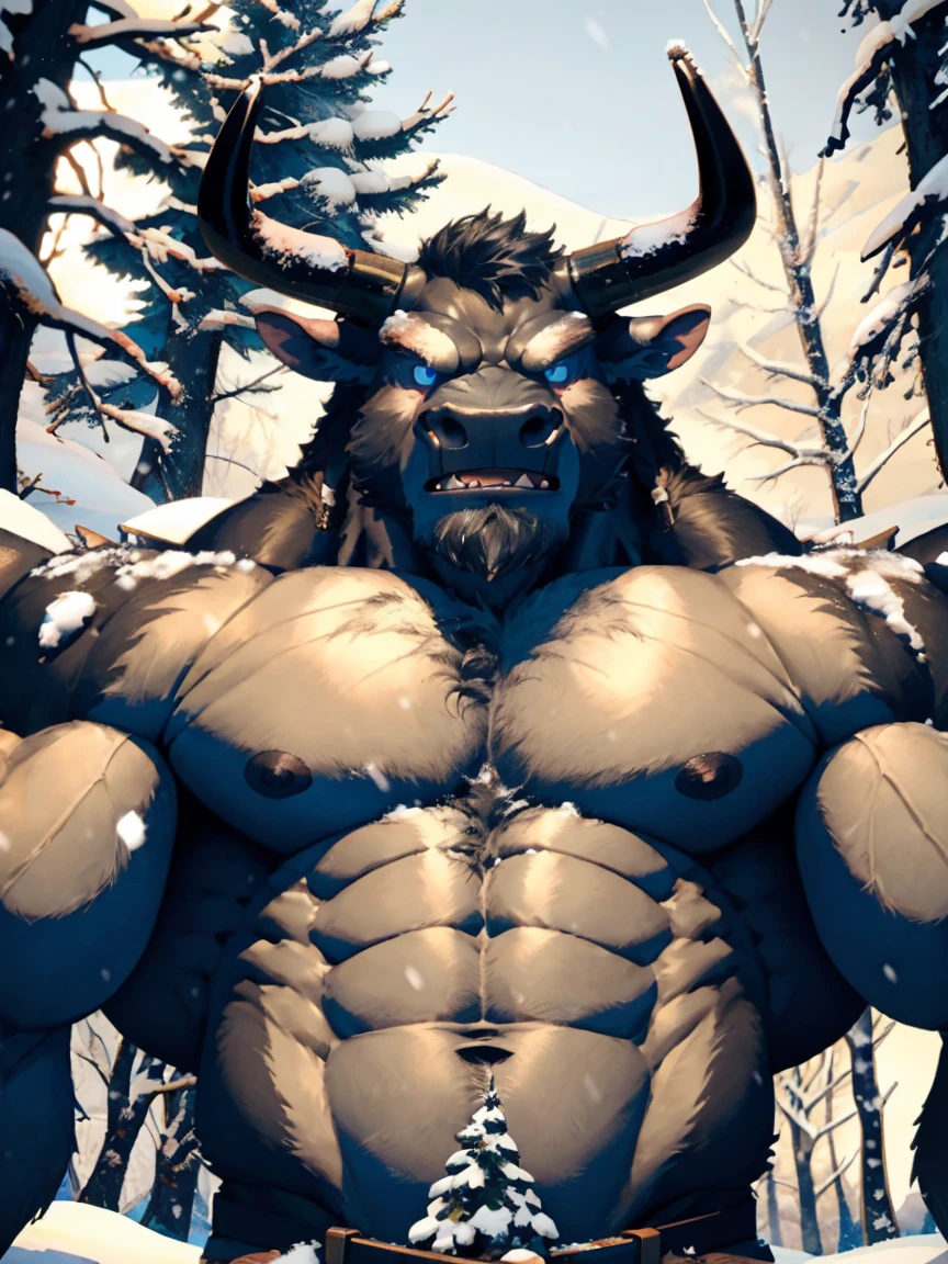 Minotaur, solo, muscular, perfect_eyes, perfect_face, abs, big_chest,wide_body, muscular_arms, winter, snowforest_background, solo, minotaur, theets, angry, half_body, close_up, low_angle, manly, man, muscular, brown_horns, big_eyes, orange_eyes, glowing_eyes, bara_body,hyper_muscles, hyper_chest, hyper_muscular_body, huge,forest, snow,snowy_forest
