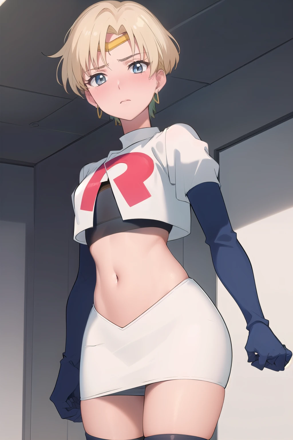 (best quality:1.1), (masterpiece:1.4), (absurdres:1.0),
1girl, sailor uranus, KizukiAi, mature woman, small breasts, aqua eyes, blonde hair, (blush:1.2), earrings,looking at viewer, team rocket,team rocket uniform,white skirt,red letter R,crop top,black thigh-highs,black elbow gloves