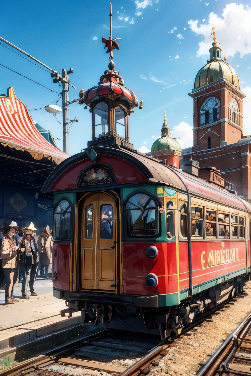 Ultra-realistic, the grand spectacle of a circus train, with its vibrant colors and intricate details, is slowly rolling into the station named CARNIVAL. The sound of laughter and music fills the air as the funfair rides twirl and sparkle in the background. The name of the train is written boldly on the wagon in the WERLYS font, inviting the onlookers to embark on a magical journey. The scene is captured in 8k resolution, every detail crystal clear, from the shiny paint on the train to the excited faces of the performers waving from the windows. The whole setup, with its eclectic mix of old-world charm and