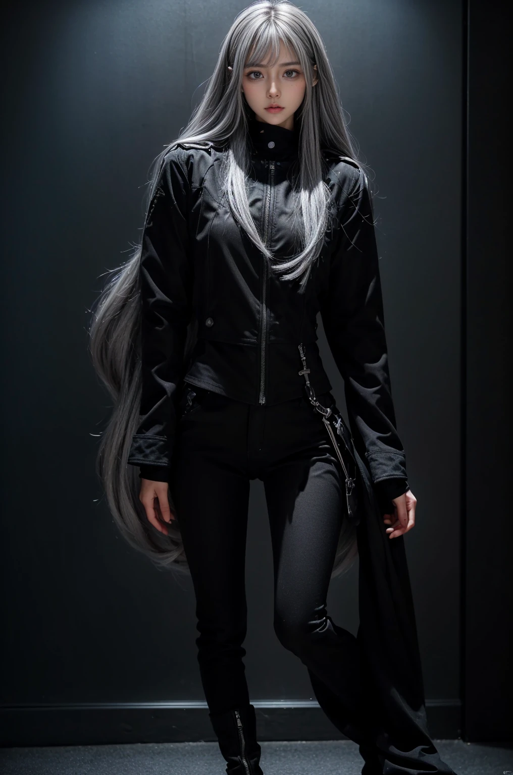Military Uniforms,pants,black military uniform,whole body,Height: 168cm,almond shape eyes,{{{{{silver eyes}}}}},{{{{{dull bangs}}}}},(slanted eyes},{{whole body},{{{1 girl}}}, long hair, straight hair,{{{{silver hair}}}},{{{tsurime}}},30 years old,{Medium chest},{{bush}},silver eyes,{{{masterpiece}}}, {{{highest quality}}}, {{Super detailed}}, {shape}, {{very delicate and beautiful}},very detailed,detailed perfect,detailed hyper,Abundant thighs,big ass,black clothes