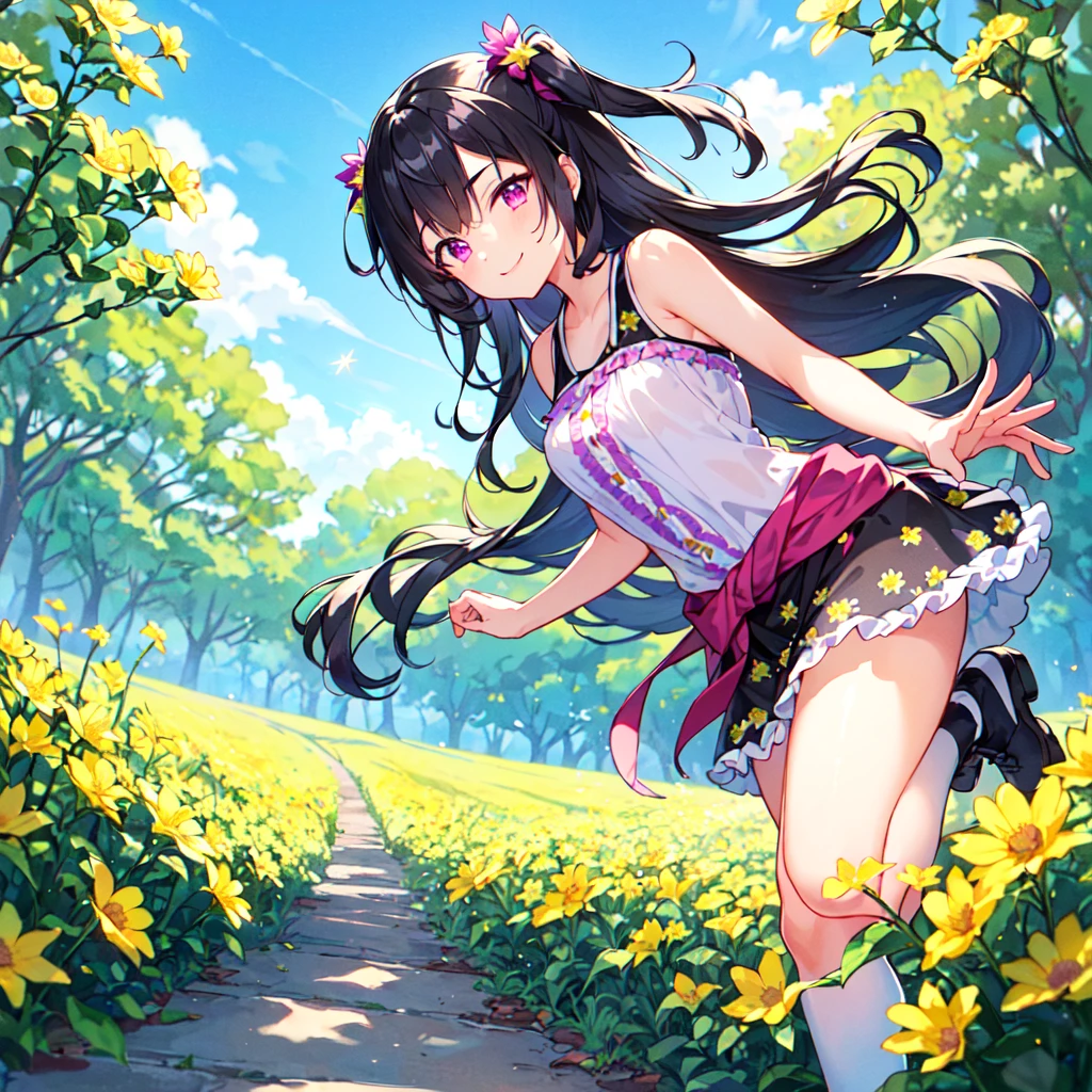 MASTERPIECE, best quality, high quality, extremely detailed, very delicate and beautiful, (1 female 18 years old, solo: 1.2), (long black hair, two side up to waist: 1.4), fringes to eyebrows, eyes Sharp eyes, strong glossy glossy eyes, glossy eyebrows, (eye colour magenta:1.3), 6.5 head height, (southern star flower print summer fashion:1.3), knee socks, frills, lace, (smiling), (running), (dynamic pose), (background southern star flower field :1.5) (blue sky)