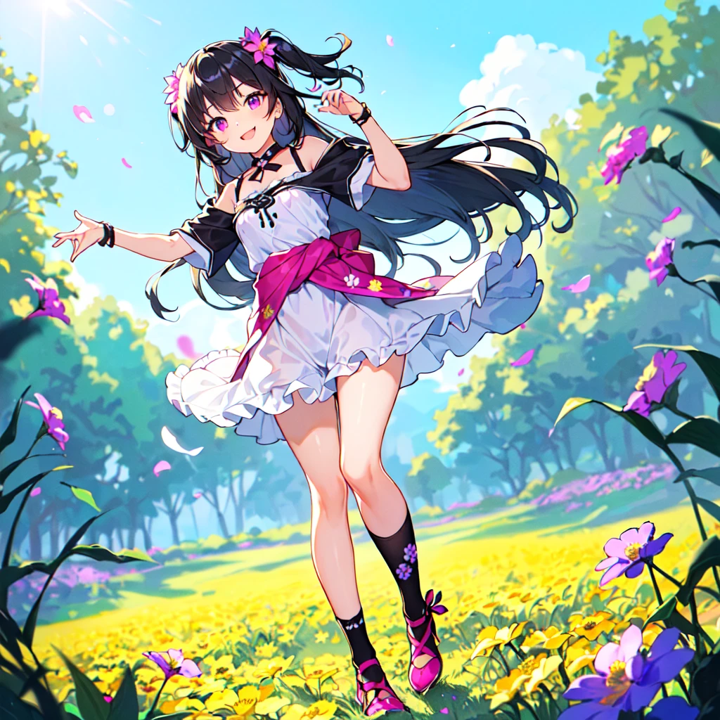 masterpiece, best quality, high quality, extremely detailed, very delicate and beautiful, (1 female 18 years old solo:1.5), (long black hair up to waist with two side up:1.5), bangs to eyebrows, eyes (eyes sharp, strong, glossy, glossy eyebrows, (eye color magenta:1.3), 6.5 head height, (zinnia flower print summer fashion:1.3), knee socks, lace, frills, (smiling), (running:1.3), (smiling)), (dynamic pose), (background zinnia flower field:1.3), (blue sky:1.3)