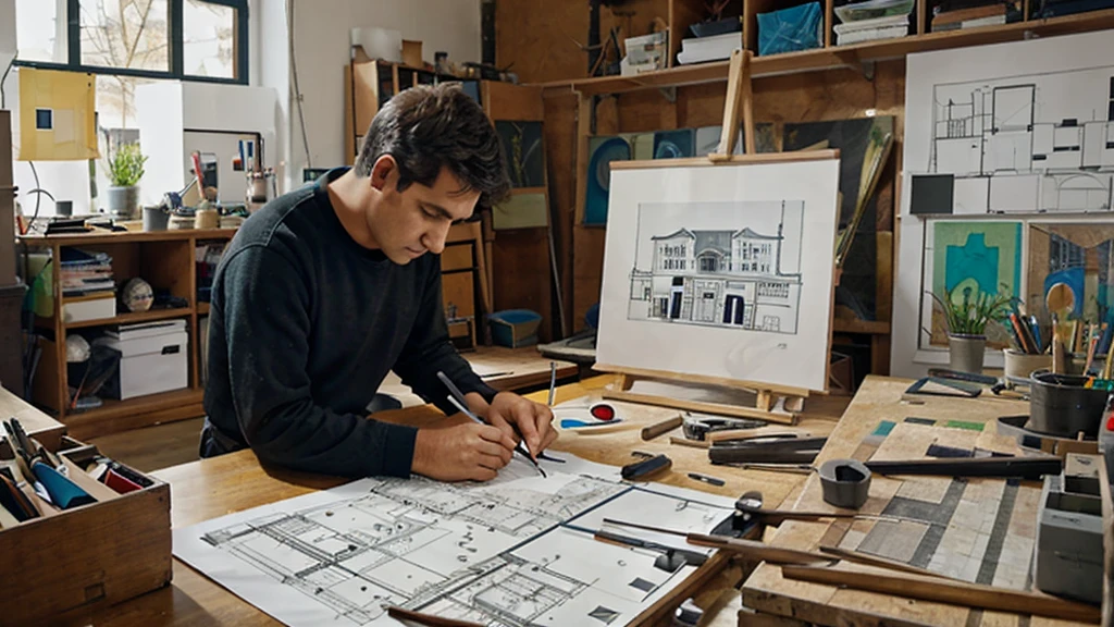 An architect designing a building in his studio