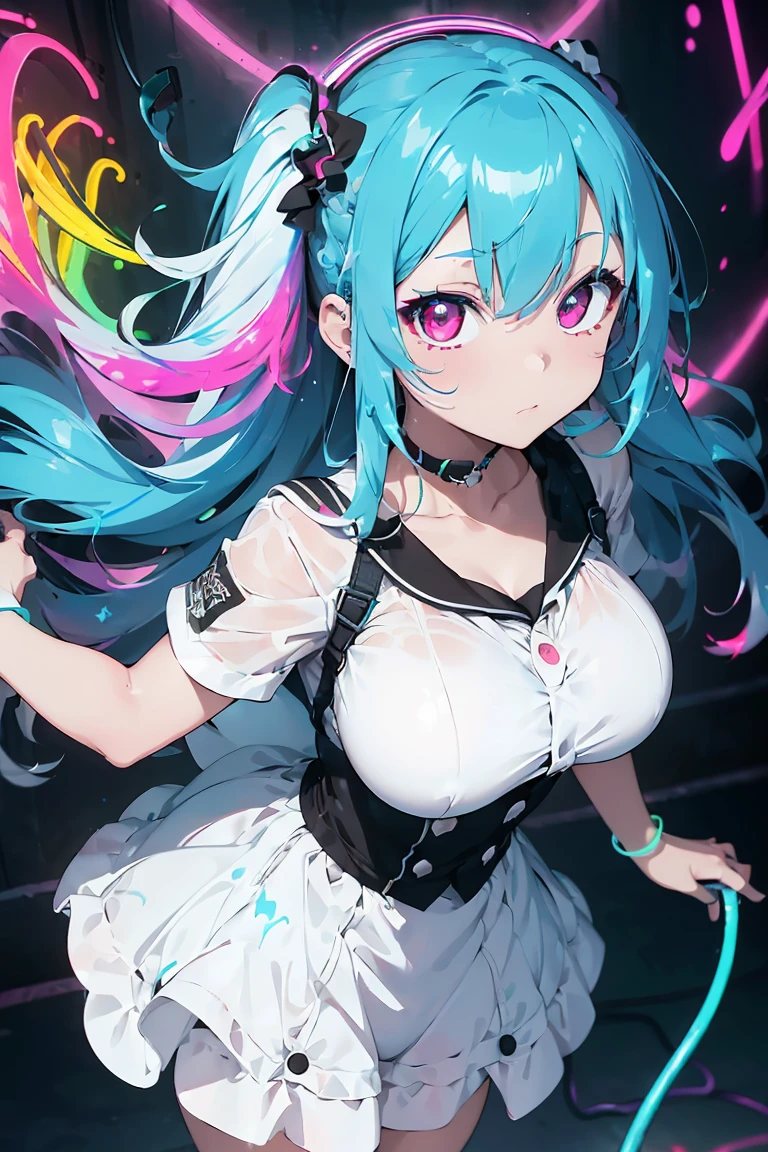(Maid clothes), Eyes that shine like jewels, Anime Girls, (Big Breasts:1.3),((Upward glance:1.3, Perfect Eyes , The rainbow shines、Very detailed turquoise red eyes:1.1, Gradient Eye:1, Beautiful fine details:1, Symmetrical eyes:1, Big Eye Highlights:1.2)), blush, (Open your mouth), anger,In a psychedelic room, (White skin: 1.5, Sunburned skin, White skin, very White skin, Bright body), Psyche Tranceのイラスト, Psyche Trance, psychedelic art style, Neon Color Theme, (((masterpiece))), (Complex), 8k, highest quality, (Visual Strength: 1.5),
(((liquid paint hair:1.1))) ,(((Neon colored hair :1.5))), ((I drew、Defying Gravity,A thick current),(Paint splashes:1.3), (Shiny Hair: 1.3), (Bright colors), Embarrassing,Centered,Scale to fit,Three-part method, A body nicely covered in paint on a multicolored background, Colorful Themes, Splash Paint Regeneration, Beautiful light, Colorful light particles,High contrast in clothing, Color Splash, Colored walls, Complex 詳細, Exposure Blending, High resolution, (Graffiti art)