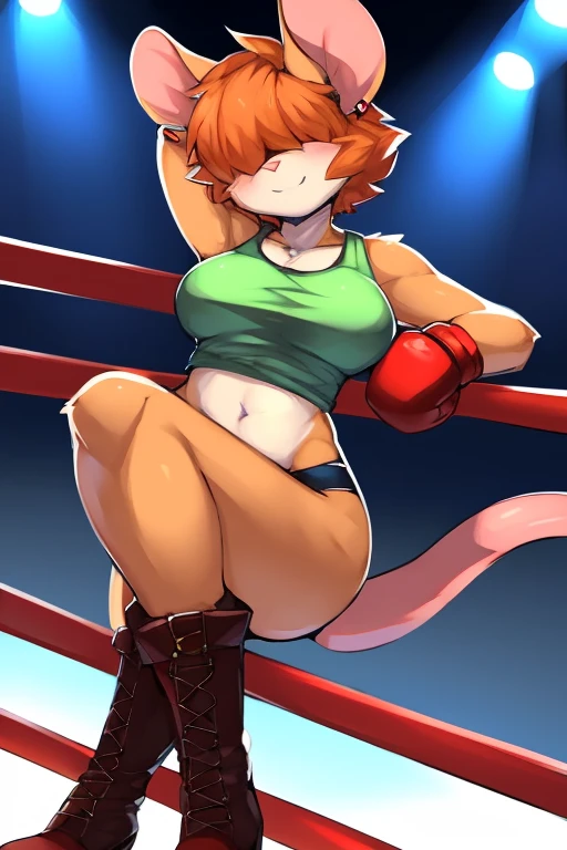 By zackary911 ,High quality,Female ,(( anthro,mouse,hair covering eyes,fluffy hair,short hair,happy)),fur,(breasts),solo,orange hair,toned,mouse Tail,raised tail,Earrings,Curvy legs,2 arms,, Golden necklace,Green tank top,Neckline  ,(red gloves),,boots,dramatic lights,gray panties,White background,Stop,boxing ring