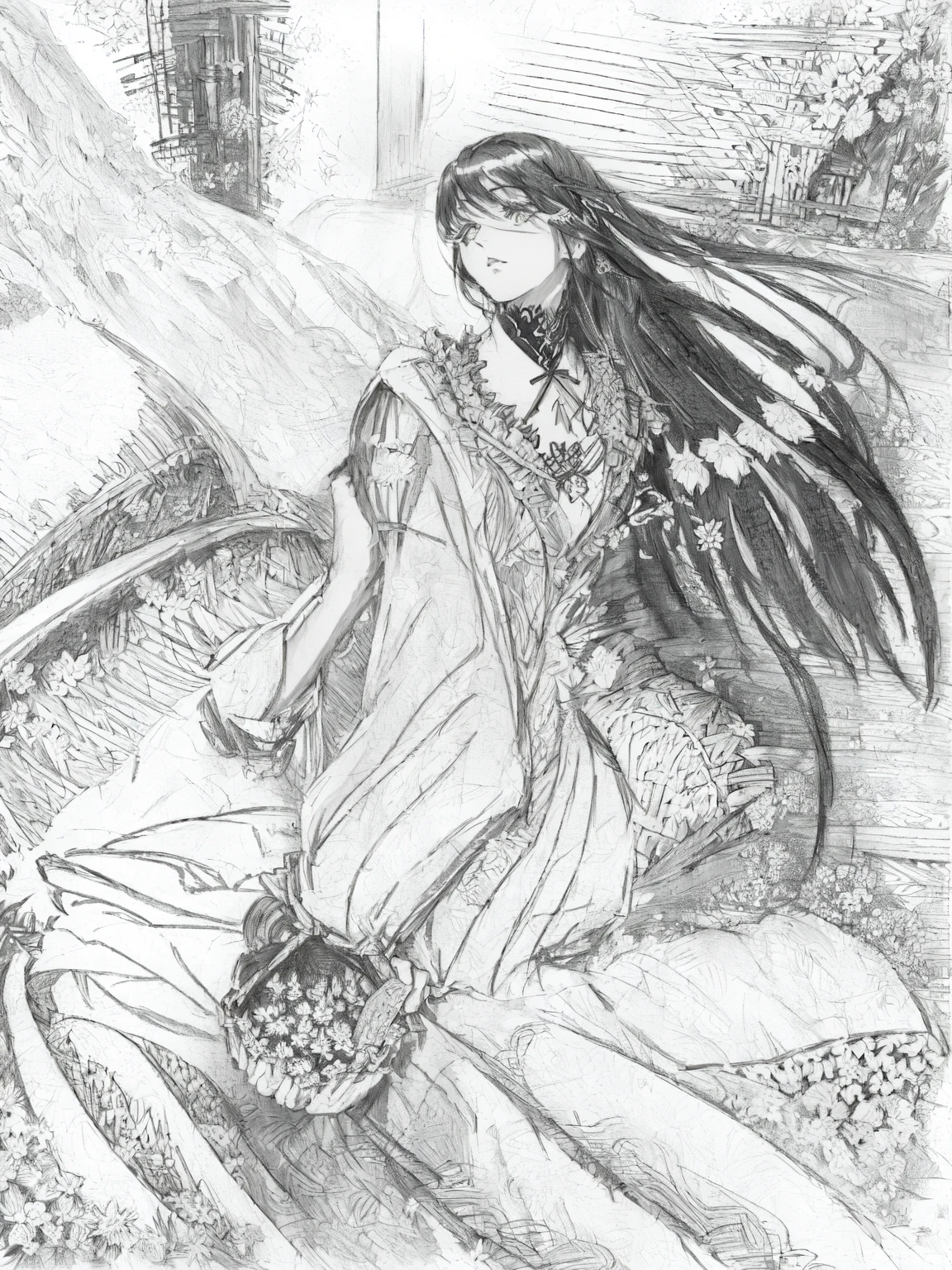 drawing of a woman with a basket of flowers in her hand, inspired por Jin Homura, por Jin Homura, inspirado em Tsubasa Nakai, inspirado em Rei Kamoi, Ikki Tousen, pencil and ink manga drawing, inspirado em Kamisaka Sekka, anime sketch, inspirado em Tomioka Tessai, old sketch