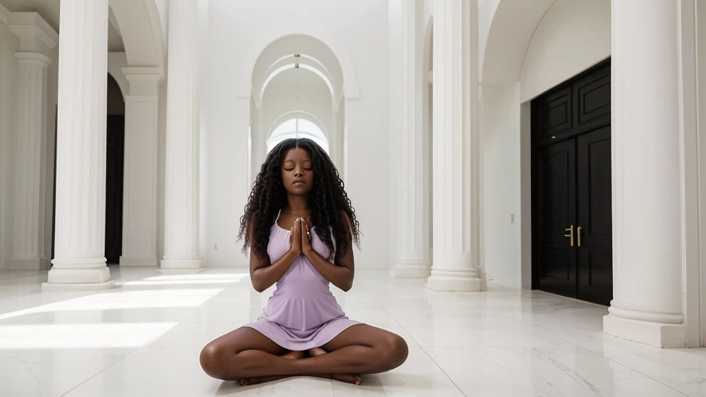 A young black woman with long, very curly, voluminous black power hair, in a meditation position with her eyes closed and her hands in a prayer position. She is wearing a light lilac dress. The image should be a full-body shot in a meditation position, very realistic, in an all-white temple with a white floor, white stone walls, white ceiling, and white columns.