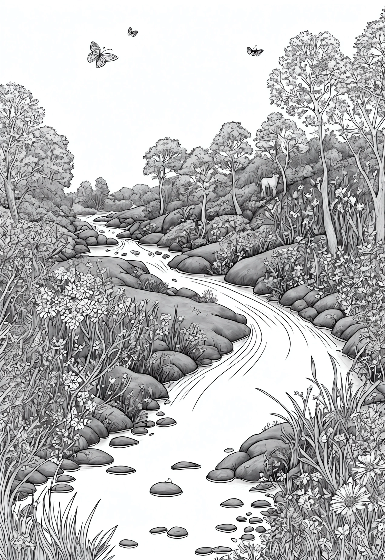 very light grey and white, line art, cartoon character, 3d style, high-quality, coloring book, hand-draw, Lush Meadow: A wide-open meadow filled with wildflowers of various shapes and sizes, butterflies fluttering around, a gentle stream running through it, and a deer drinking water from the stream.