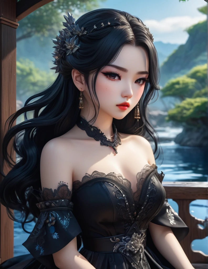 quality(8k wallpaper of extremely detailed CG unit, masterpiece, hight resolution, top-quality, top-quality real texture skin,hyper realisitic, digitial painting,increase the resolution,RAW photos,best qualtiy,highly detailed,the wallpaper),BREAK,8K, Chibi , onmyoji-style art, half face, HDR 10, beautiful girl, detailed eyes, detailed lips, very long hair, black hair, ultra detailed texture, water drops, outdoors, game of thrones, black heavy dress, (high detailed black dress:1.5), lace, loops, soft lighting, sitting,