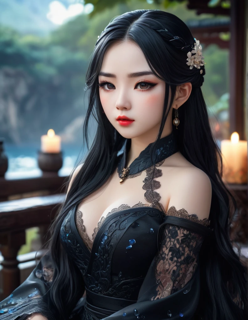 quality(8k wallpaper of extremely detailed CG unit, ​masterpiece, hight resolution, top-quality, top-quality real texture skin,hyper realisitic, digitial painting,increase the resolution,RAW photos，best qualtiy,highly detailed,the wallpaper),BREAK,8K, Chibi , onmyoji-style art, half face, HDR 10, beautiful girl, detailed eyes, detailed lips, very long hair, black hair, ultra detailed texture, water drops, outdoors, game of thrones, black heavy dress, (high detailed black dress:1.5), lace, loops, soft lighting, sitting,
