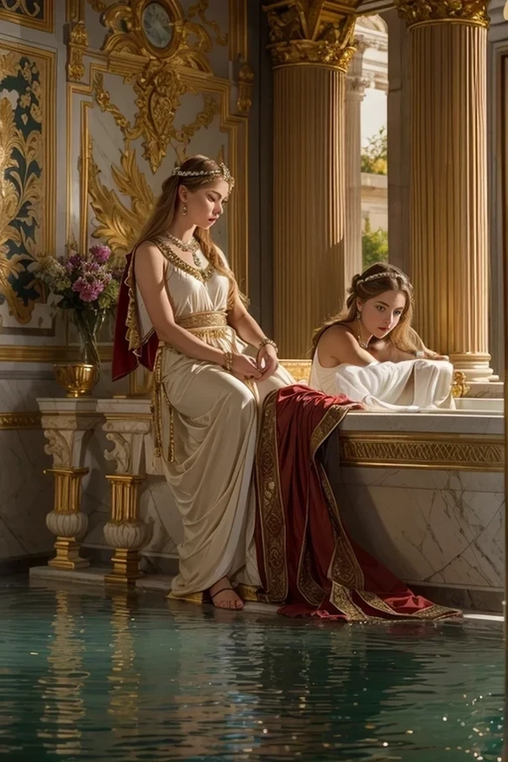 Masterpiece, Imagine a scene where the young Roman Empress Livia, wife of Emperor Augustus, indulges in a tranquil moment within the sprawling confines of her imperial villa in ancient Rome. At 20 years old, her beauty is accentuated by her striking strawberry blonde hair, which cascades gently over her shoulders, partially submerged in the warm, inviting waters of a grand private bath. The bath itself, an architectural marvel, reflects the opulence of the Roman elite, with intricate mosaics and grand columns that rise to meet the soft, natural light filtering through the open spaces. Two attentive young Gaelic slaves stand by, their roles to ensure the comfort and care of their empress during this serene interlude. The scene aims to capture the essence of luxury and tranquility that defined the private lives of Rome's most powerful, photo-realistic quality, striving for the highest resolution and natural lighting to bring this moment from ancient history to life, half body shot, 16K, ultra high res.photorealistic, UHD, RAW, DSLR, natural Lighting, Sharp Focus