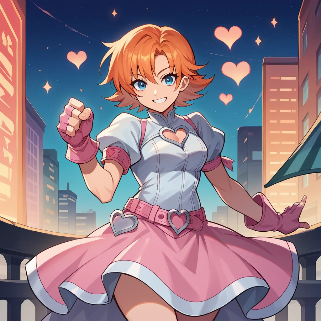 1girl,cowboy shot, beautiful nora_valkyrie, looking at viewer, smile, short hair, blue eyes,heart cutout, gloves, jacket, pink skirt, pink belt, short sleeves, puffy sleeves, single armband, fingerless gloves, orange hair, pink gloves, dynamic pose, night, outdoors, city, (volumetric lighting), best quality, masterpiece, intricate details, tonemapping, sharp focus, hyper detailed, trending on Artstation,